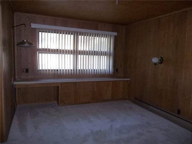 201 S Larson Ave, Chanute, KS 66720 - carpeted spare room with wood walls, a baseboard heating unit, and a desk