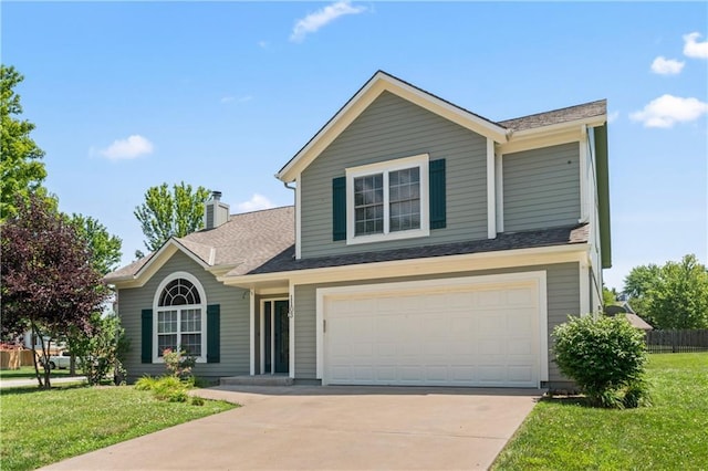 1103 N 2nd St E, Louisburg, KS 66053 - traditional home featuring driveway, a front lawn, a chimney, a garage, and a shingled roof