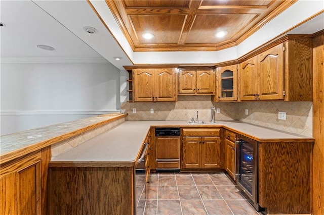1103 N 2nd St E, Louisburg, KS 66053 - kitchen featuring beverage cooler, brown cabinets, decorative backsplash, crown molding, and coffered ceiling
