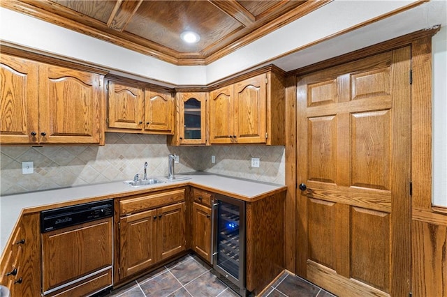 1103 N 2nd St E, Louisburg, KS 66053 - kitchen featuring wine cooler, dishwasher, light countertops, brown cabinetry, and decorative backsplash