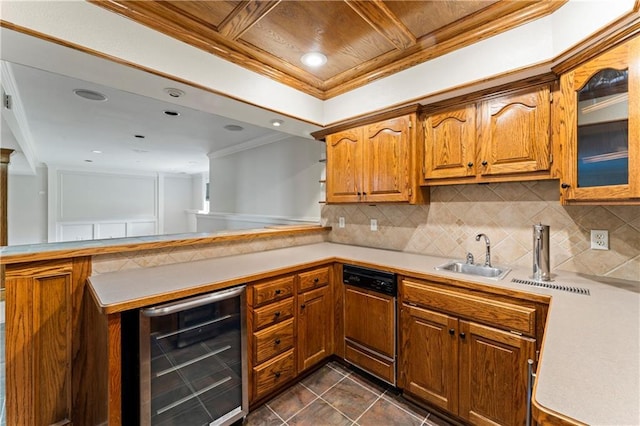 1103 N 2nd St E, Louisburg, KS 66053 - kitchen featuring beverage cooler, a peninsula, ornamental molding, backsplash, and light countertops