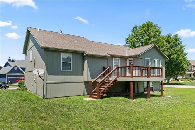 1103 N 2nd St E, Louisburg, KS 66053 - back of house featuring stairway, a wooden deck, a shingled roof, and a lawn