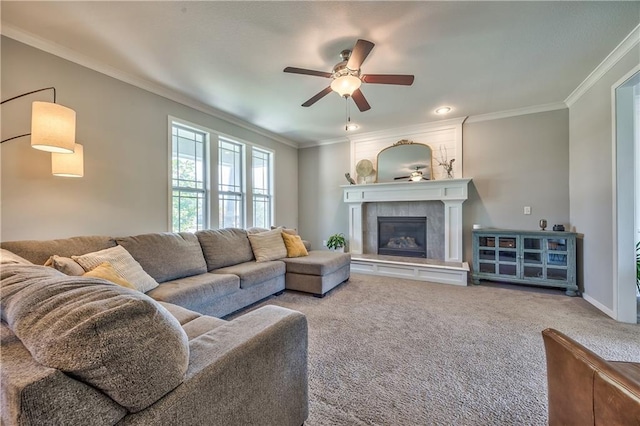 23317 W 52nd Ter, Shawnee, KS 66226 - carpeted living area featuring crown molding, ceiling fan, and a tile fireplace