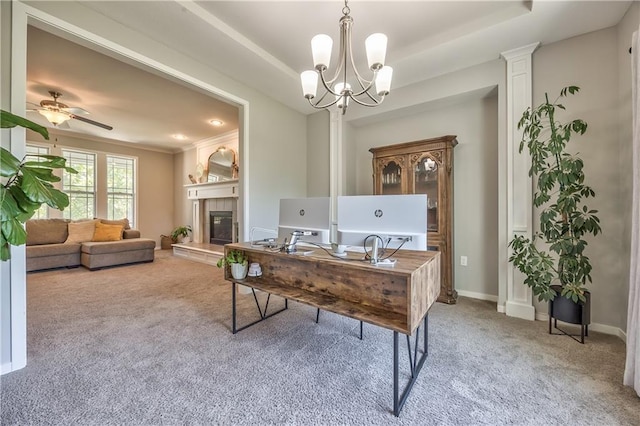 23317 W 52nd Ter, Shawnee, KS 66226 - office with light colored carpet, a tile fireplace, a raised ceiling, a chandelier, and a ceiling fan