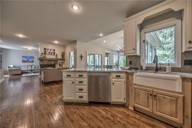11508 Hauser St, Overland Park, KS 66210 - kitchen featuring stainless steel dishwasher, a fireplace, open floor plan, dark wood-style flooring, and recessed lighting