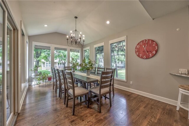 11508 Hauser St, Overland Park, KS 66210 - dining space with dark wood-type flooring, a chandelier, vaulted ceiling, and recessed lighting