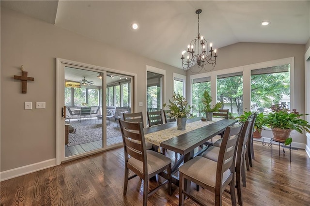 11508 Hauser St, Overland Park, KS 66210 - dining room with vaulted ceiling, dark wood finished floors, a chandelier, and recessed lighting