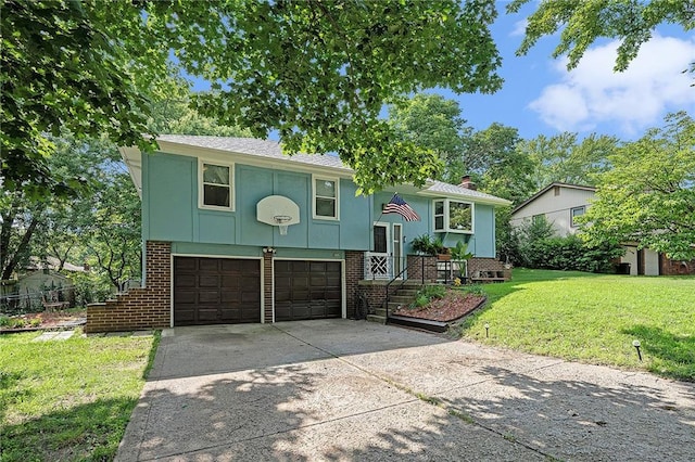 7608 N Serene Ave, Kansas City, MO 64152 - split foyer home with brick siding, a garage, driveway, and a front lawn