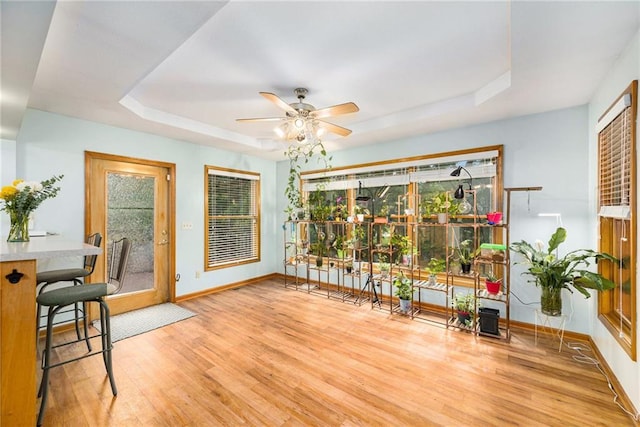 7608 N Serene Ave, Kansas City, MO 64152 - dining room featuring a tray ceiling, light wood finished floors, and ceiling fan