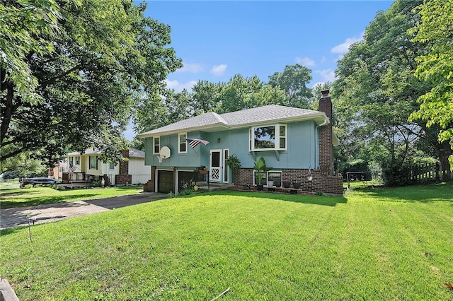 7608 N Serene Ave, Kansas City, MO 64152 - raised ranch featuring a chimney, driveway, a garage, brick siding, and roof with shingles