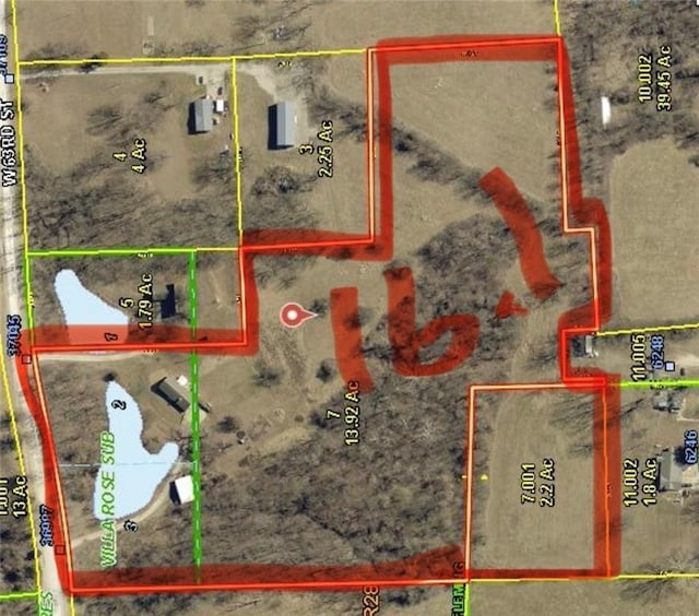 36987 W 63rd St, Camden, MO 64017 - aerial overview of property's location featuring property parcel outlined