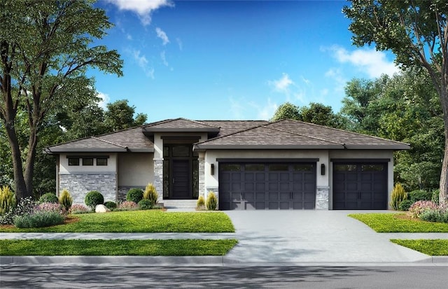 8020 Round Prairie St, Shawnee, KS 66220 - prairie-style home with stone siding, stucco siding, an attached garage, driveway, and a shingled roof