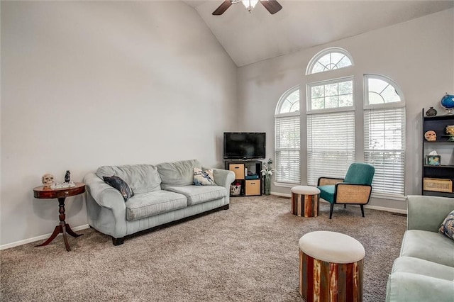 5323 Kenton St, Shawnee, KS 66226 - living room with a ceiling fan, carpet flooring, and high vaulted ceiling