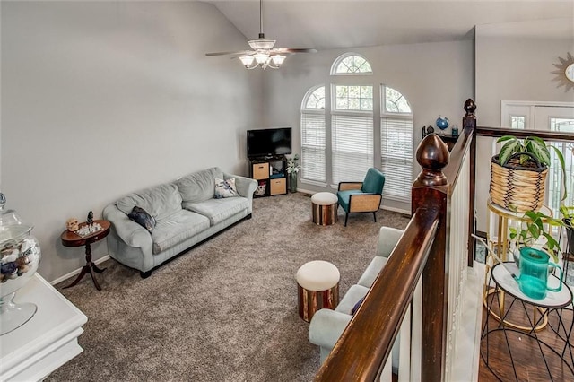 5323 Kenton St, Shawnee, KS 66226 - living area with a ceiling fan, lofted ceiling, and carpet flooring