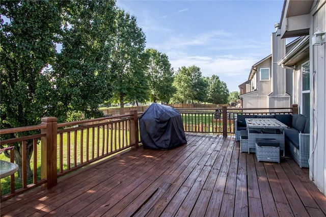 5323 Kenton St, Shawnee, KS 66226 - deck with an outdoor living space, a grill, and a fenced backyard