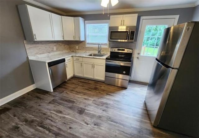 477 Shawnee Rd, Kansas City, KS 66103 - kitchen featuring appliances with stainless steel finishes, crown molding, healthy amount of natural light, and dark wood-style floors
