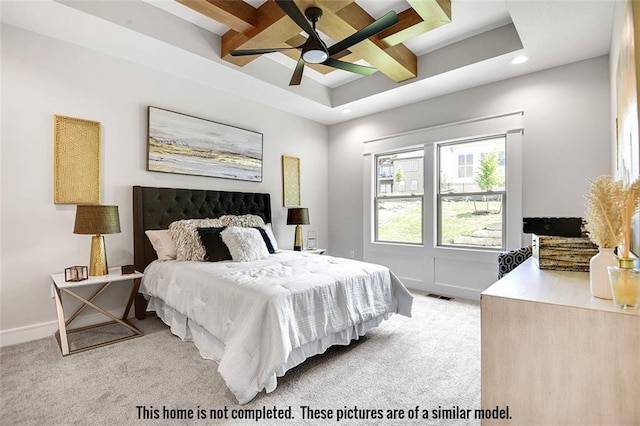 11275 S Gleason Rd, Olathe, KS 66061 - bedroom with coffered ceiling, light colored carpet, recessed lighting, beamed ceiling, and a ceiling fan