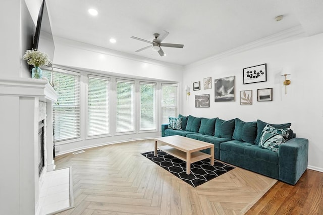 5136 NE Ash Grove Dr, Lees Summit, MO 64064 - living room featuring a ceiling fan, crown molding, recessed lighting, and a fireplace