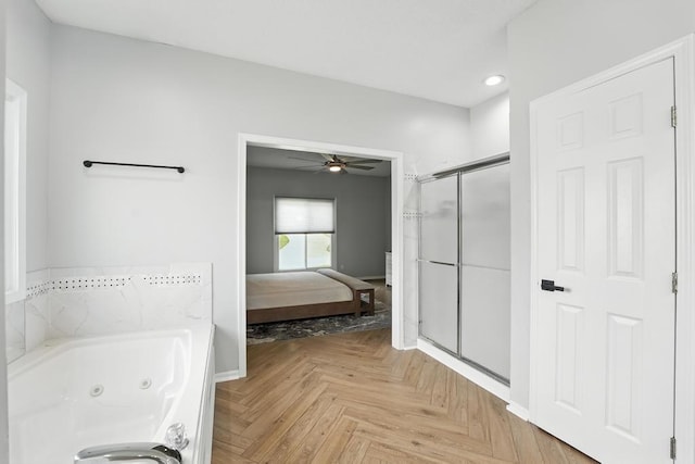 5136 NE Ash Grove Dr, Lees Summit, MO 64064 - full bath featuring a stall shower, a whirlpool tub, ensuite bathroom, ceiling fan, and recessed lighting