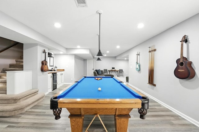 5136 NE Ash Grove Dr, Lees Summit, MO 64064 - playroom featuring wine cooler, bar, light wood-type flooring, recessed lighting, and pool table
