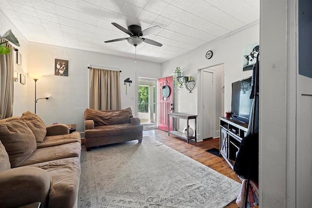 1312 N Main St, Nevada, MO 64772 - living area with wood finished floors and a ceiling fan