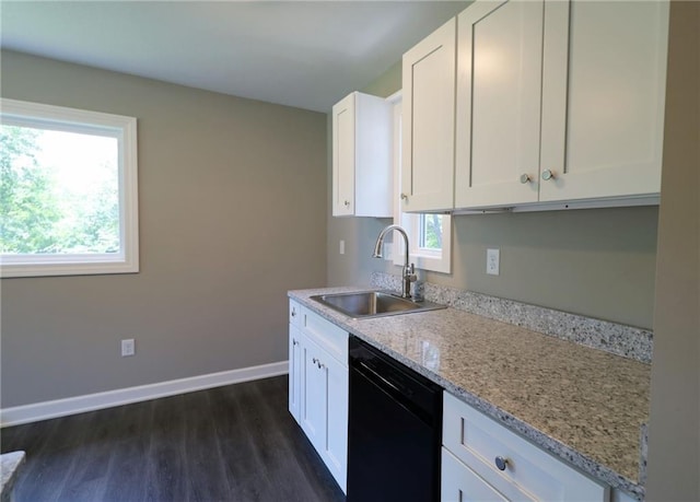 901 School Rd, Peculiar, MO 64078 - kitchen featuring dishwasher, dark wood finished floors, white cabinetry, and light stone counters