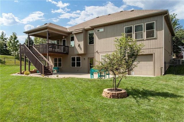 22908 E 41st Ter S, Blue Springs, MO 64015 - rear view of property featuring stairs, a patio, a wooden deck, roof with shingles, and ceiling fan