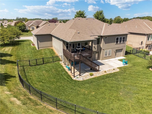 22908 E 41st Ter S, Blue Springs, MO 64015 - rear view of house with a patio area, a fenced backyard, a shingled roof, stairs, and a wooden deck