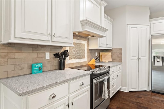 22908 E 41st Ter S, Blue Springs, MO 64015 - kitchen featuring stainless steel appliances, white cabinets, custom exhaust hood, and dark wood-style floors