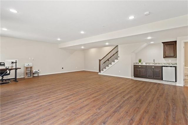 22908 E 41st Ter S, Blue Springs, MO 64015 - indoor bar featuring refrigerator, wood finished floors, recessed lighting, and stairway