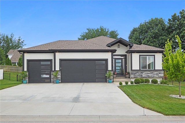 1213 NE Goshen Dr, Lees Summit, MO 64064 - prairie-style home featuring a garage, stucco siding, stone siding, and concrete driveway