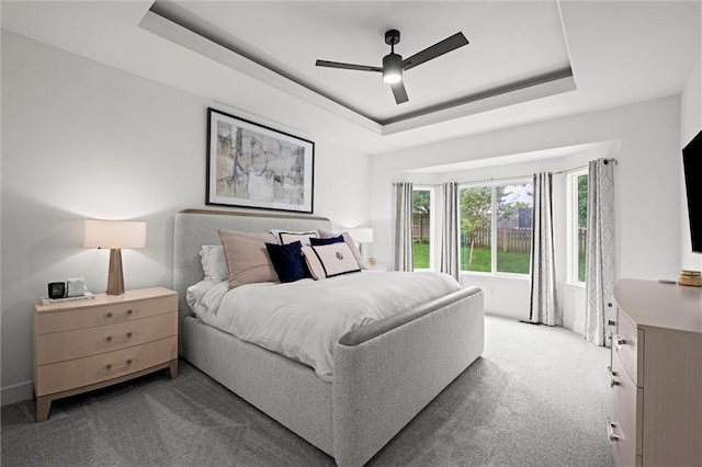 1213 NE Goshen Dr, Lees Summit, MO 64064 - carpeted bedroom featuring a raised ceiling and ceiling fan