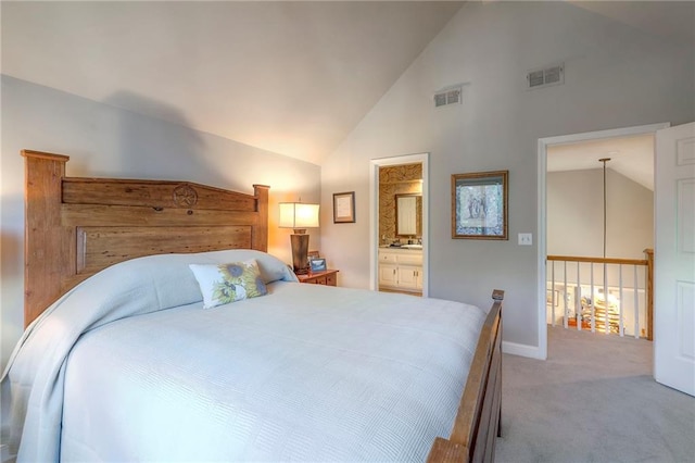 12409 Cambridge Cir, Leawood, KS 66209 - bedroom featuring carpet flooring, high vaulted ceiling, and ensuite bathroom