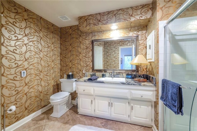 12409 Cambridge Cir, Leawood, KS 66209 - bathroom with wallpapered walls, vanity, and a stall shower