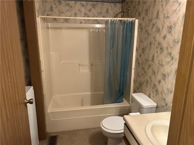 34908 E Shores Rd, Lone Jack, MO 64070 - bathroom with wallpapered walls, shower / bathtub combination with curtain, and vanity