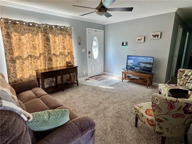 609 N 83rd Ter, Kansas City, KS 66112 - carpeted living room with a ceiling fan and crown molding