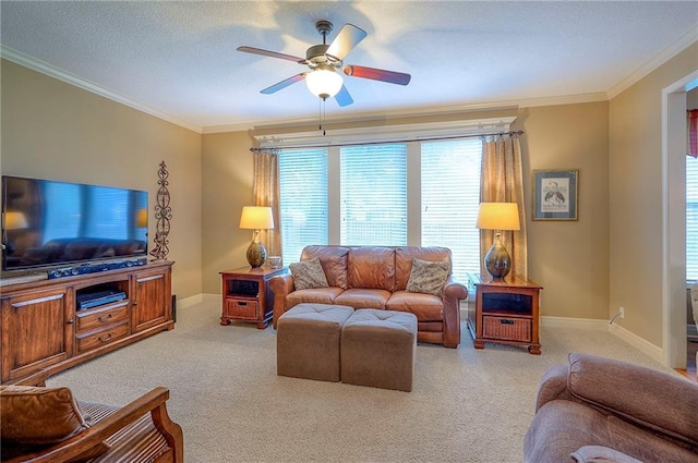 1105 Blazing Star Dr, Lees Summit, MO 64081 - carpeted living room with ornamental molding and a ceiling fan