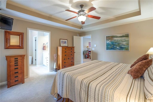 1105 Blazing Star Dr, Lees Summit, MO 64081 - bedroom featuring a raised ceiling, ornamental molding, light colored carpet, and a ceiling fan