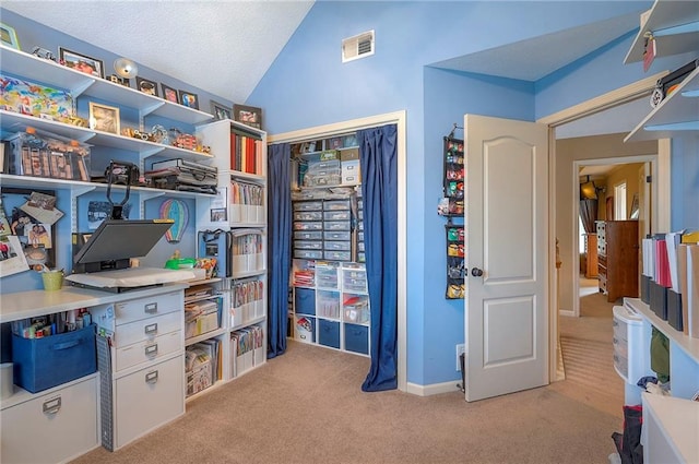 1105 Blazing Star Dr, Lees Summit, MO 64081 - office area featuring carpet floors, lofted ceiling, and a textured ceiling