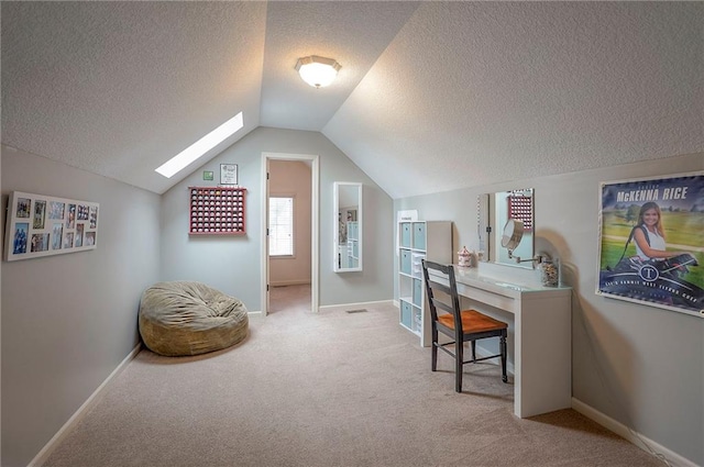 1105 Blazing Star Dr, Lees Summit, MO 64081 - carpeted office featuring a textured ceiling, a skylight, and lofted ceiling