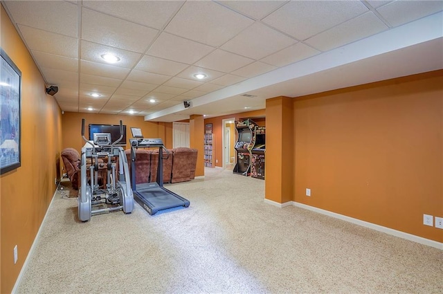 1105 Blazing Star Dr, Lees Summit, MO 64081 - exercise room featuring carpet, a paneled ceiling, and recessed lighting