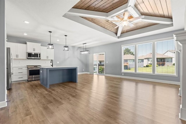 12421 Meadow Ln, Kansas City, KS 66109 - kitchen featuring appliances with stainless steel finishes, a raised ceiling, open floor plan, ceiling fan, and a center island with sink
