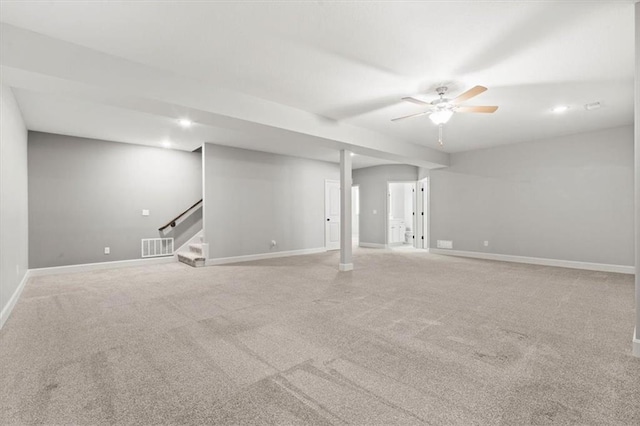 12421 Meadow Ln, Kansas City, KS 66109 - basement featuring ceiling fan, carpet floors, stairway, and recessed lighting