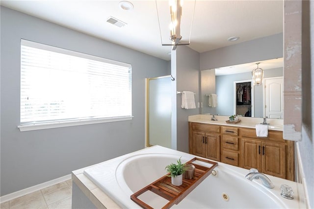 632 SW Shadow Glen Ct, Blue Springs, MO 64015 - bathroom with a whirlpool tub, a stall shower, double vanity, tile patterned flooring, and a chandelier