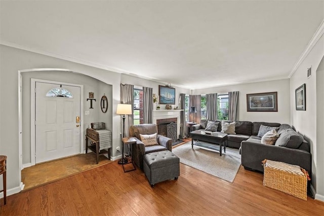 1115 W 26th St S, Independence, MO 64052 - living room featuring wood finished floors, ornamental molding, and a fireplace