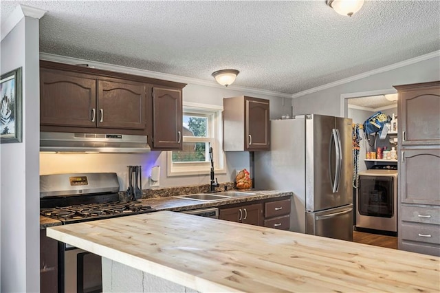 679 Kingman Rd, Pomona, KS 66076 - kitchen featuring under cabinet range hood, appliances with stainless steel finishes, crown molding, butcher block counters, and washer / clothes dryer