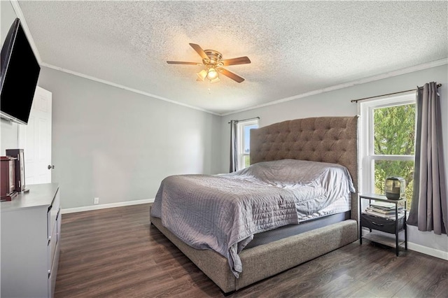679 Kingman Rd, Pomona, KS 66076 - bedroom featuring multiple windows, dark wood finished floors, a textured ceiling, ornamental molding, and a ceiling fan