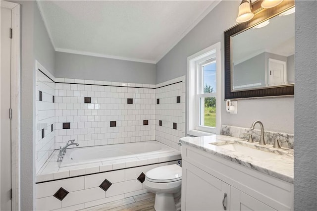 679 Kingman Rd, Pomona, KS 66076 - full bathroom featuring ornamental molding, tiled tub, vanity, and wood finished floors