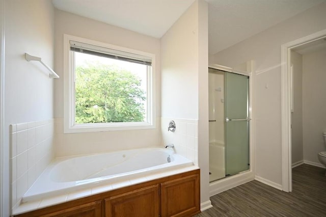 12905 Ridgeview Dr, Platte City, MO 64079 - bathroom with a stall shower, a garden tub, and wood finished floors