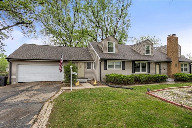 2111 Lombardy Dr, Kansas City, KS 66102 - cape cod home with asphalt driveway, a garage, a front yard, a shingled roof, and a chimney